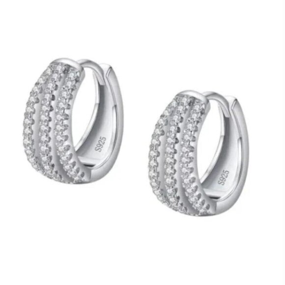 925 Sterling Silver 3 Row CZ Huggies Buckle Earrings - Picture 1 of 11